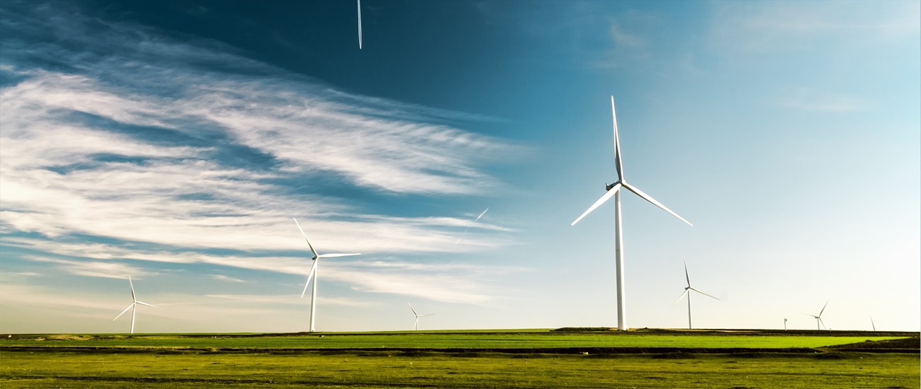 Wind turbines in field under blue sky