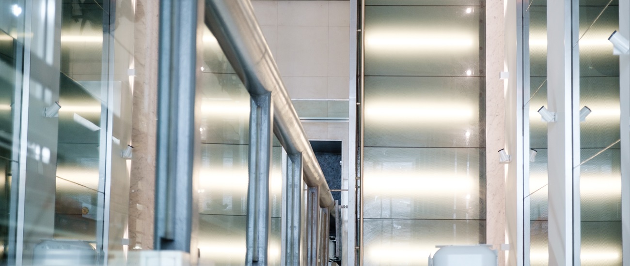 a view from the top of a lift in a corporate building