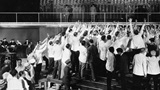 A group of people standing in a row with arms in the air